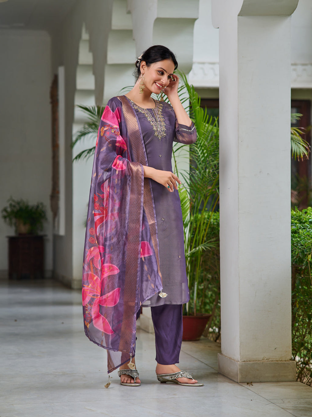 Hand Embroidered Silk Kurta With Embroidered Pant & Printed Organza Dupatta, Purple - Hiral Fashion - Distacart