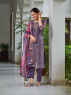 Hand Embroidered Silk Kurta With Embroidered Pant & Printed Organza Dupatta, Purple - Hiral Fashion - Distacart