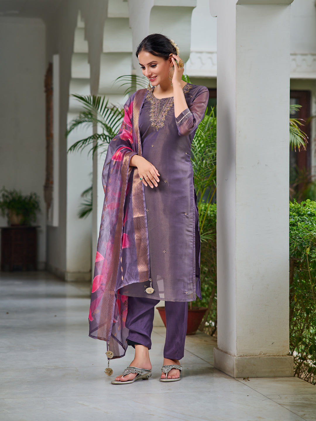 Hand Embroidered Silk Kurta With Embroidered Pant & Printed Organza Dupatta, Purple - Hiral Fashion - Distacart