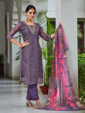 Hand Embroidered Silk Kurta With Embroidered Pant & Printed Organza Dupatta, Purple - Hiral Fashion - Distacart