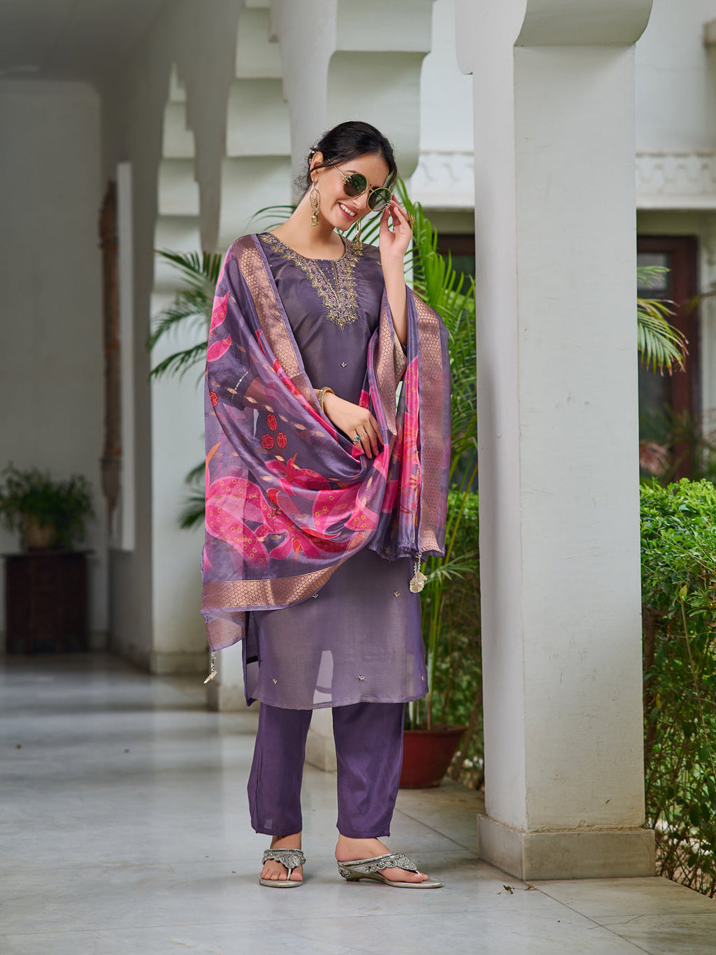 Hand Embroidered Silk Kurta With Embroidered Pant & Printed Organza Dupatta, Purple - Hiral Fashion - Distacart