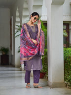 Hand Embroidered Silk Kurta With Embroidered Pant & Printed Organza Dupatta, Purple - Hiral Fashion - Distacart