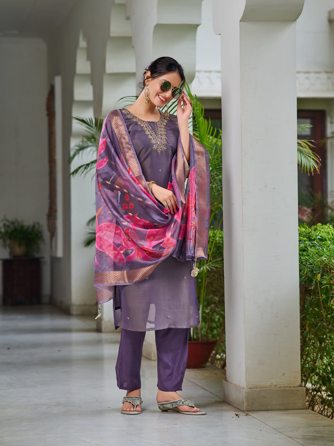 Hand Embroidered Silk Kurta With Embroidered Pant & Printed Organza Dupatta, Purple - Hiral Fashion - Distacart