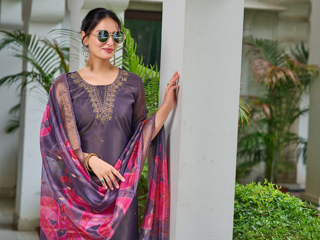 Hand Embroidered Silk Kurta With Embroidered Pant & Printed Organza Dupatta, Purple - Hiral Fashion - Distacart