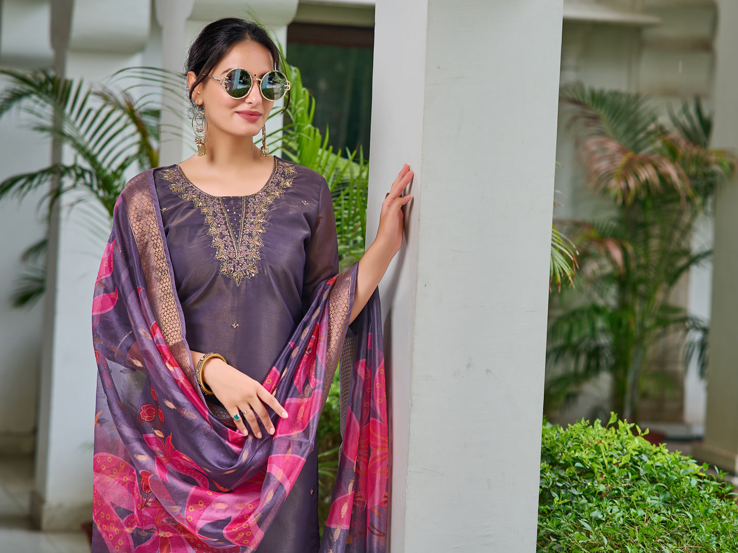 Hand Embroidered Silk Kurta With Embroidered Pant & Printed Organza Dupatta, Purple - Hiral Fashion - Distacart