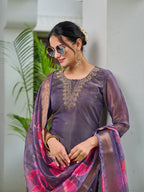 Hand Embroidered Silk Kurta With Embroidered Pant & Printed Organza Dupatta, Purple - Hiral Fashion - Distacart