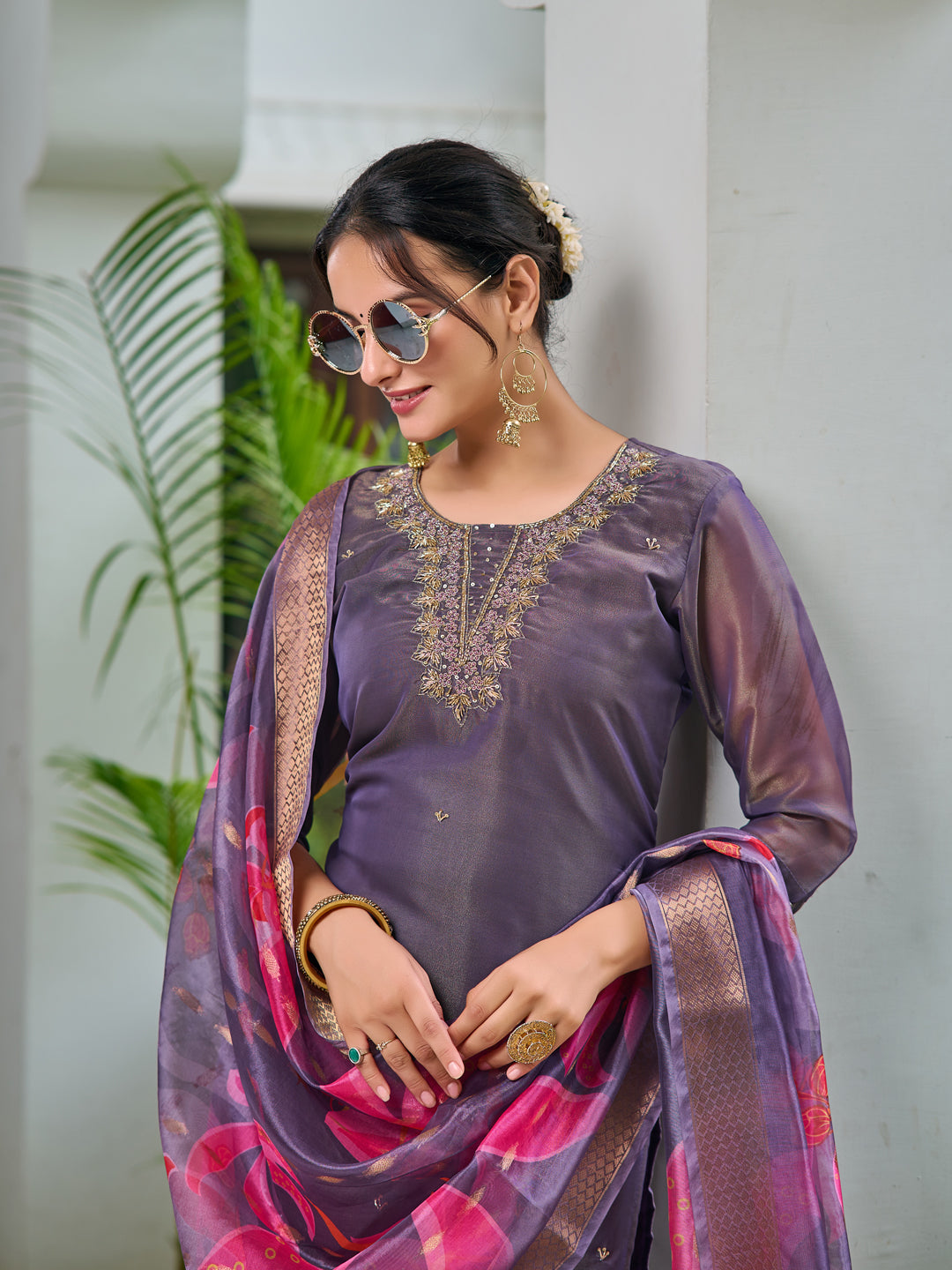 Hand Embroidered Silk Kurta With Embroidered Pant & Printed Organza Dupatta, Purple - Hiral Fashion - Distacart