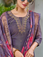 Hand Embroidered Silk Kurta With Embroidered Pant & Printed Organza Dupatta, Purple - Hiral Fashion - Distacart