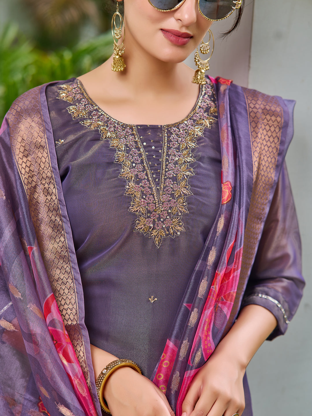 Hand Embroidered Silk Kurta With Embroidered Pant & Printed Organza Dupatta, Purple - Hiral Fashion - Distacart