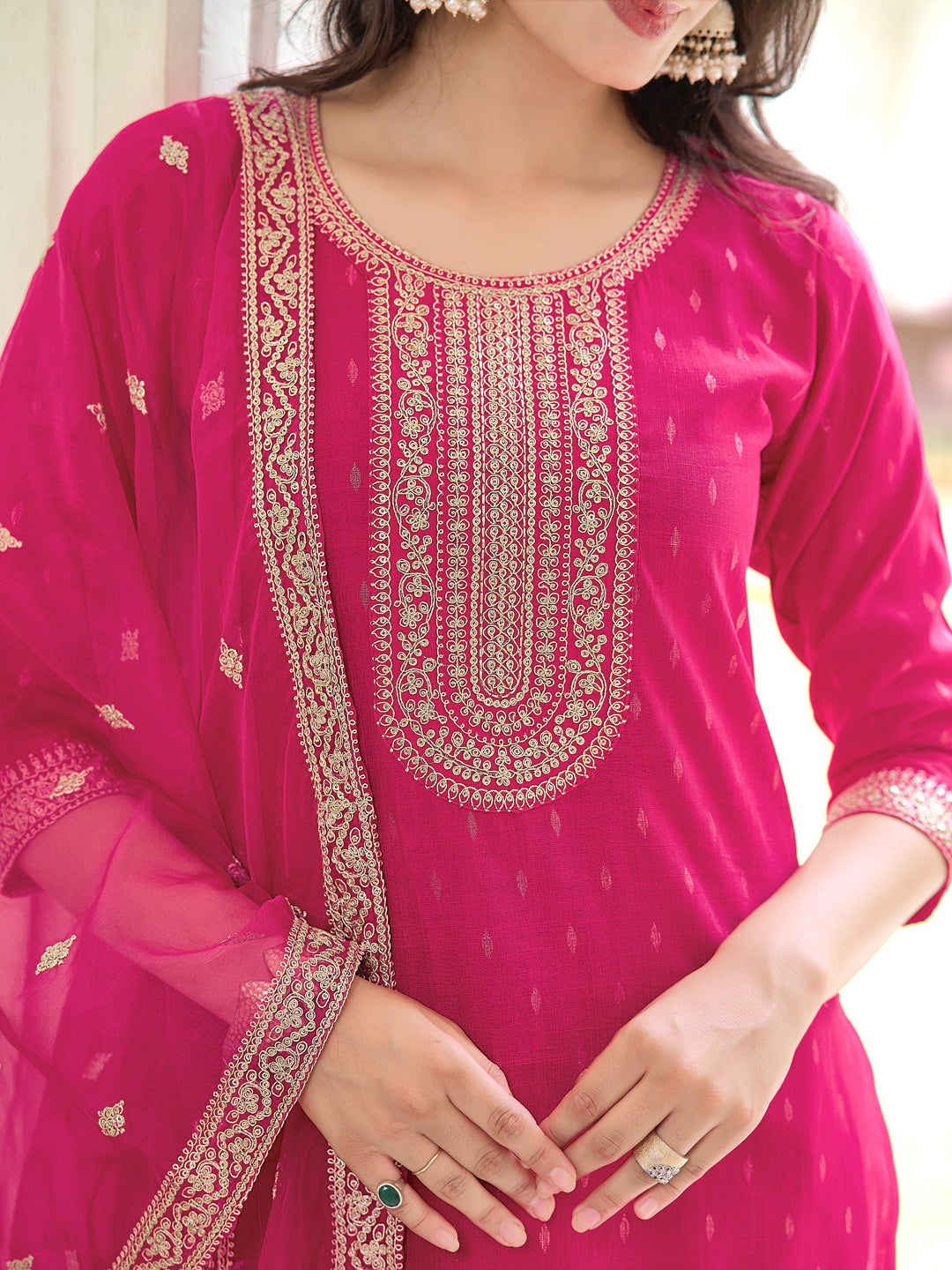 Embroidered Kurta With Embroidered Pant & Dupatta, Pink - Hiral Fashion