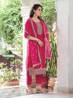 Embroidered Kurta With Embroidered Pant & Dupatta, Pink - Hiral Fashion