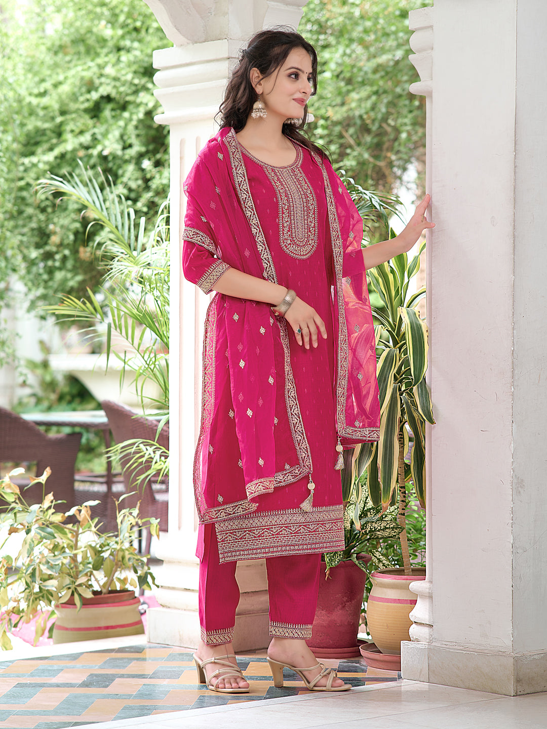 Embroidered Kurta With Embroidered Pant & Dupatta, Pink - Hiral Fashion