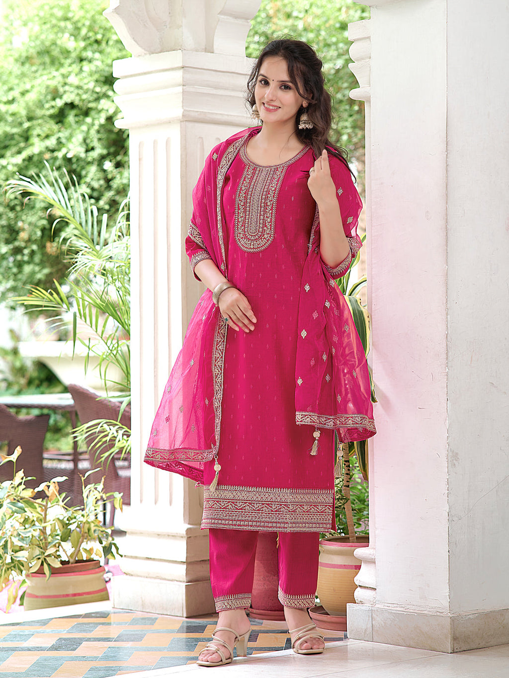 Embroidered Kurta With Embroidered Pant & Dupatta, Pink - Hiral Fashion