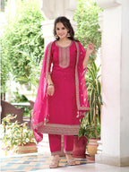 Embroidered Kurta With Embroidered Pant & Dupatta, Pink - Hiral Fashion