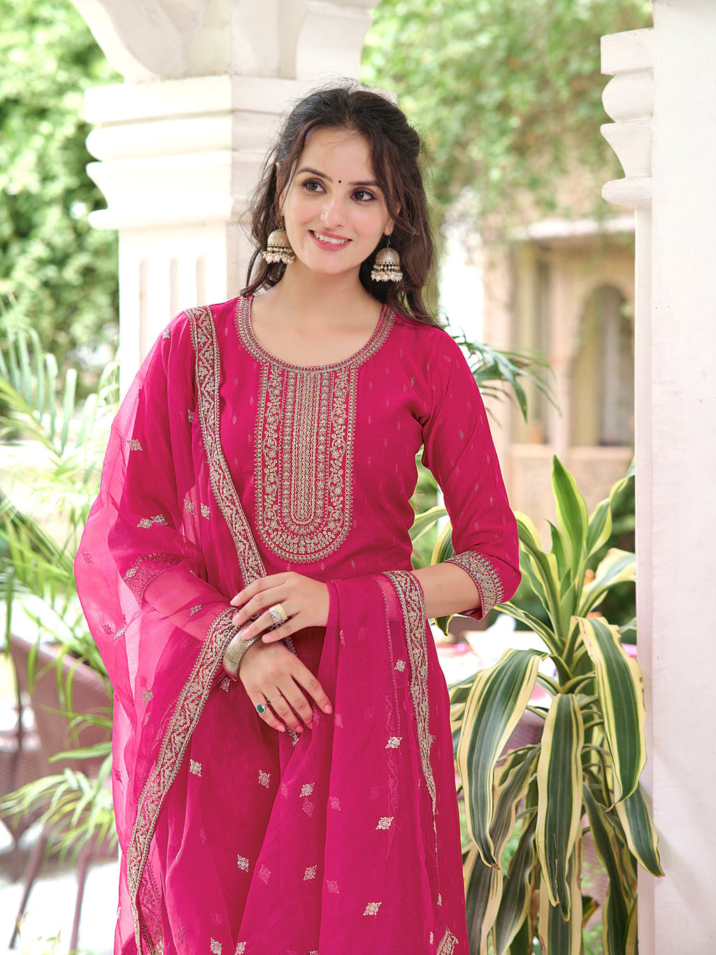 Embroidered Kurta With Embroidered Pant & Dupatta, Pink - Hiral Fashion