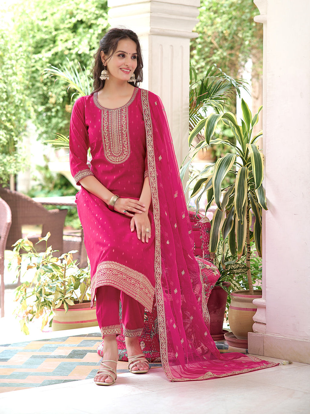 Embroidered Kurta With Embroidered Pant & Dupatta, Pink - Hiral Fashion