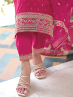 Embroidered Kurta With Embroidered Pant & Dupatta, Pink - Hiral Fashion