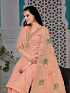 Embroidered Jacquard Silk Kurta With Pant & Jacquard Banarasi Dupatta, Peach - Hiral Fashion - Distacart