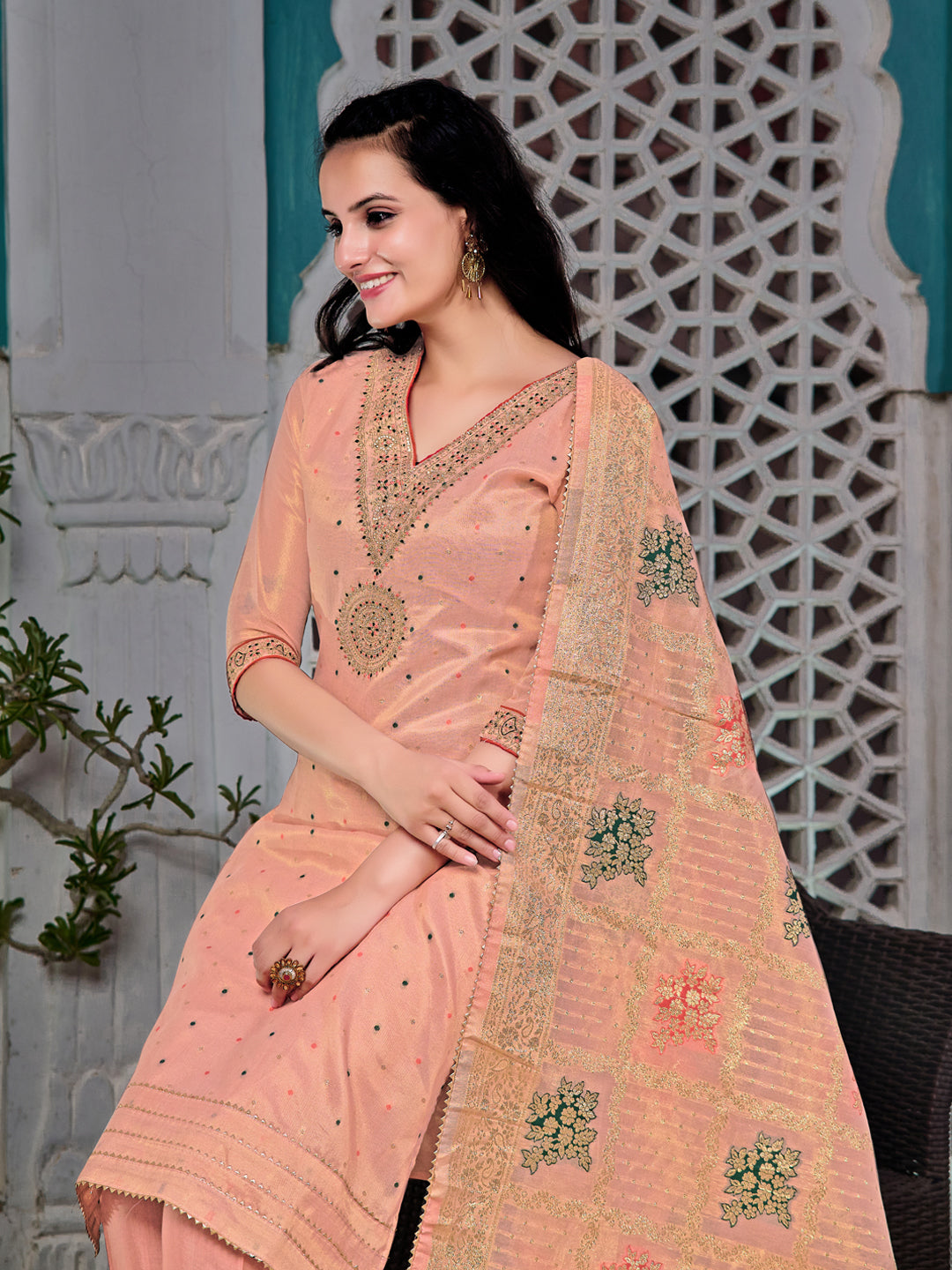 Embroidered Jacquard Silk Kurta With Pant & Jacquard Banarasi Dupatta, Peach - Hiral Fashion - Distacart