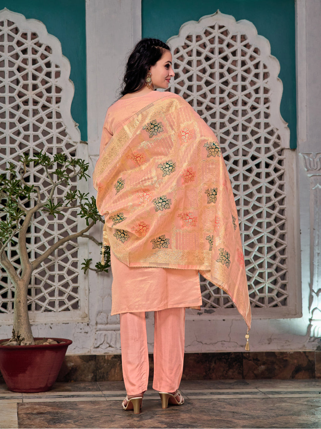 Embroidered Jacquard Silk Kurta With Pant & Jacquard Banarasi Dupatta, Peach - Hiral Fashion - Distacart