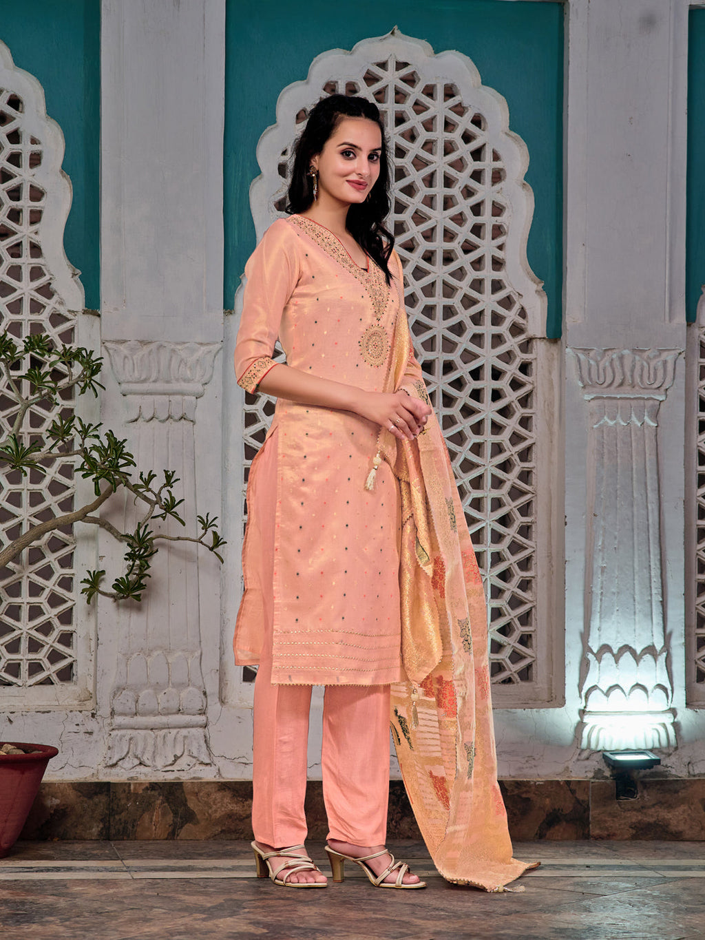 Embroidered Jacquard Silk Kurta With Pant & Jacquard Banarasi Dupatta, Peach - Hiral Fashion - Distacart