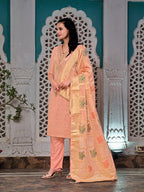 Embroidered Jacquard Silk Kurta With Pant & Jacquard Banarasi Dupatta, Peach - Hiral Fashion - Distacart