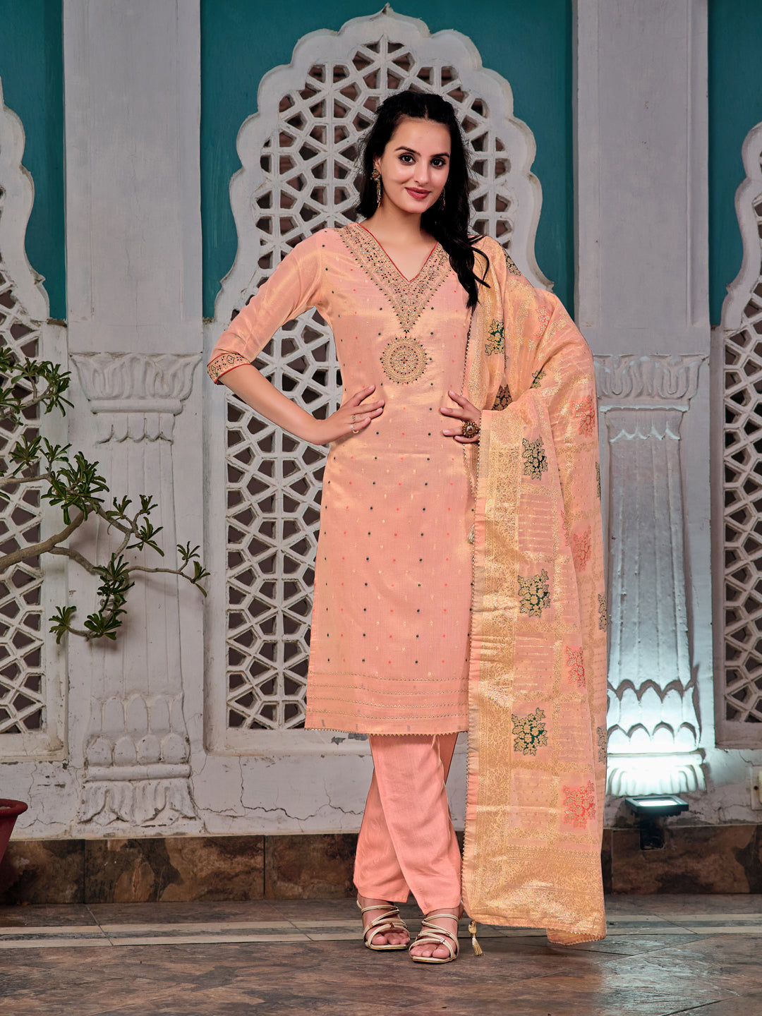 Embroidered Jacquard Silk Kurta With Pant & Jacquard Banarasi Dupatta, Peach - Hiral Fashion - Distacart