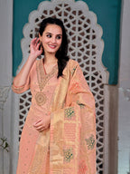 Embroidered Jacquard Silk Kurta With Pant & Jacquard Banarasi Dupatta, Peach - Hiral Fashion - Distacart