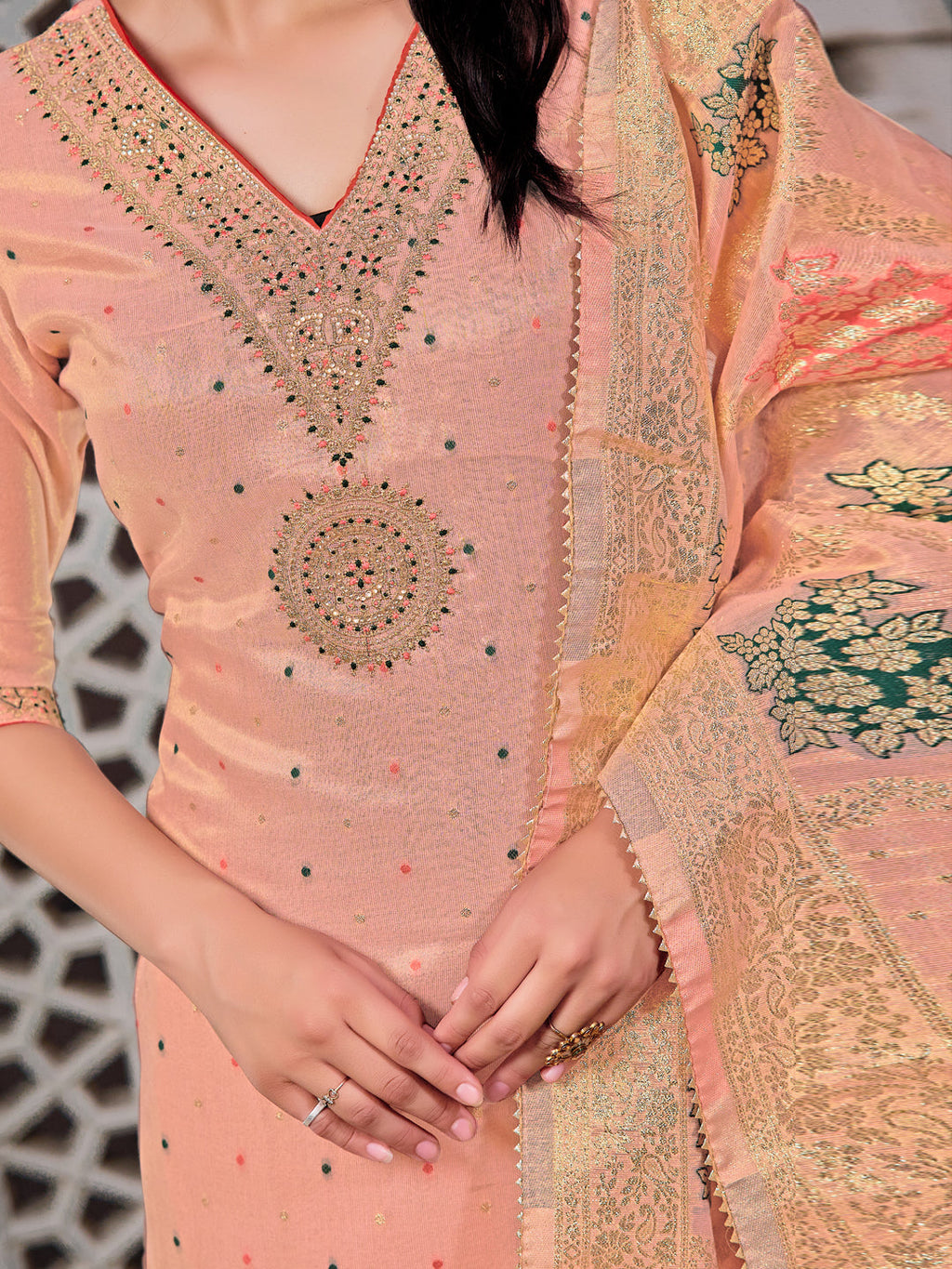 Embroidered Jacquard Silk Kurta With Pant & Jacquard Banarasi Dupatta, Peach - Hiral Fashion - Distacart
