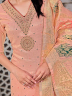 Embroidered Jacquard Silk Kurta With Pant & Jacquard Banarasi Dupatta, Peach - Hiral Fashion - Distacart