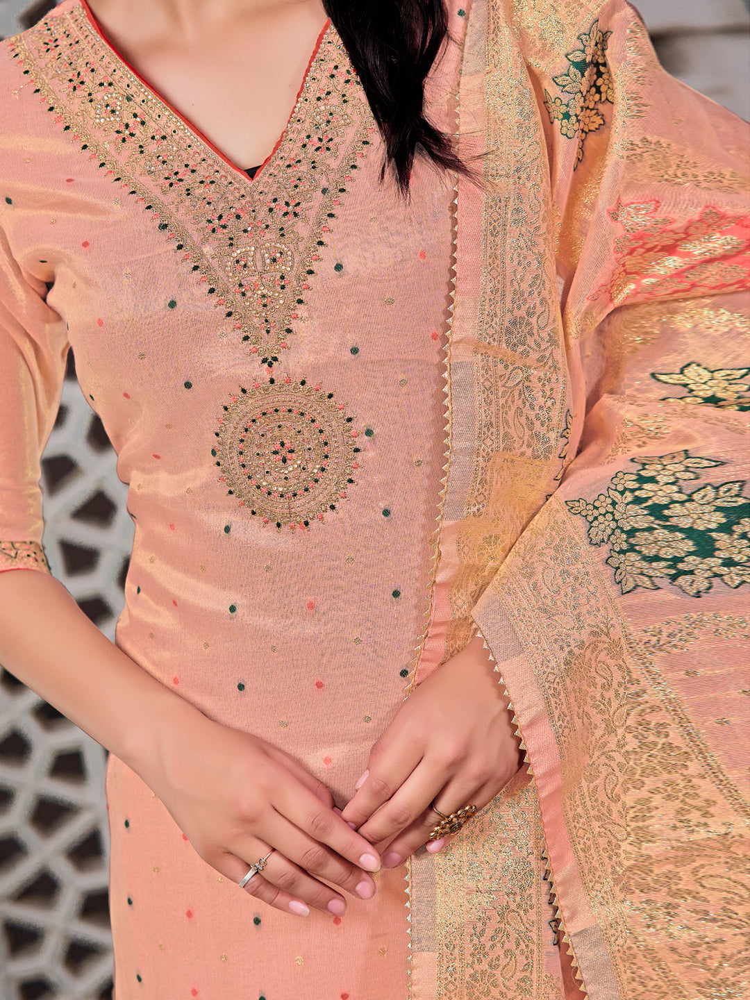 Embroidered Jacquard Silk Kurta With Pant & Jacquard Banarasi Dupatta, Peach - Hiral Fashion - Distacart