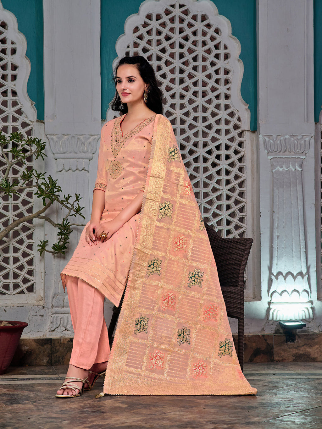 Embroidered Jacquard Silk Kurta With Pant & Jacquard Banarasi Dupatta, Peach - Hiral Fashion - Distacart