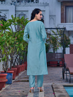 Embroidered Kurta With Pant & Printed Organza Dupatta, Blue - Hiral Fashion