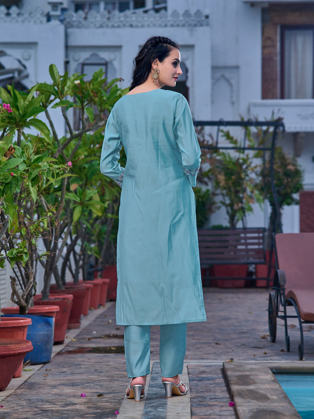 Embroidered Kurta With Pant & Printed Organza Dupatta, Blue - Hiral Fashion