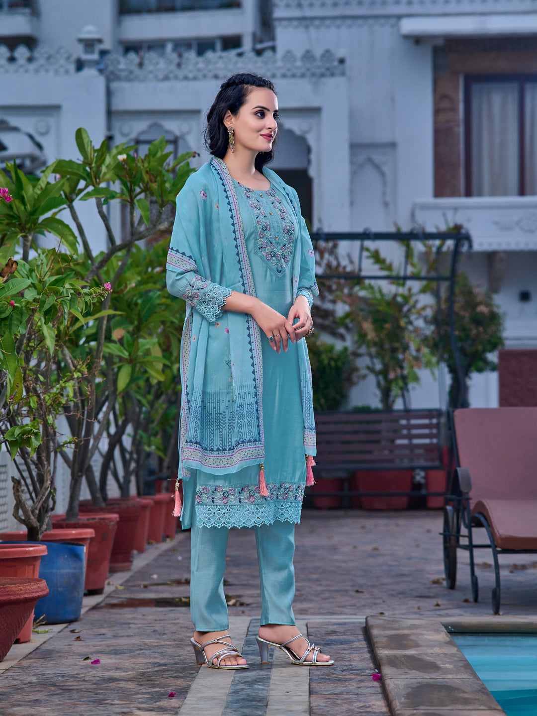 Embroidered Kurta With Pant & Printed Organza Dupatta, Blue - Hiral Fashion
