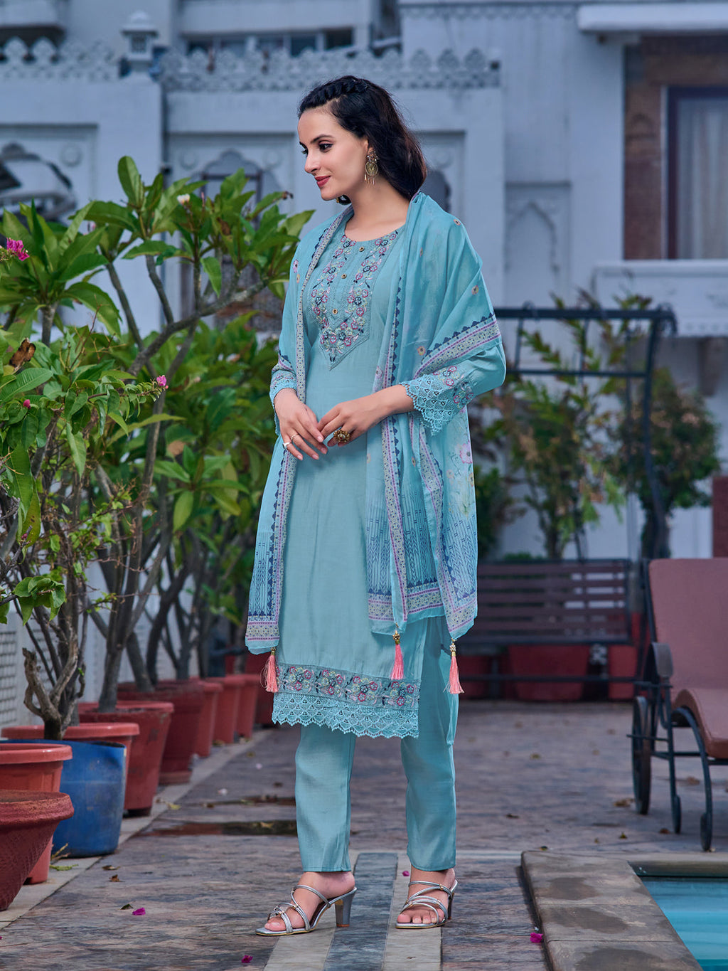 Embroidered Kurta With Pant & Printed Organza Dupatta, Blue - Hiral Fashion