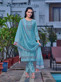 Embroidered Kurta With Pant & Printed Organza Dupatta, Blue - Hiral Fashion