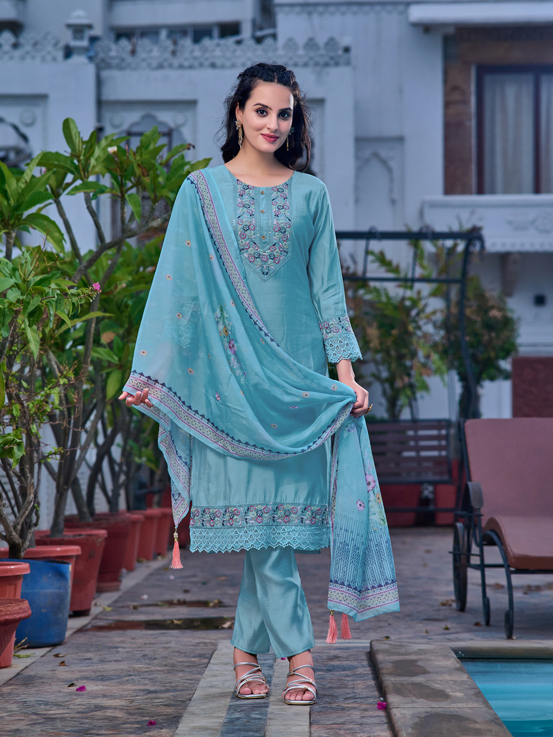 Embroidered Kurta With Pant & Printed Organza Dupatta, Blue - Hiral Fashion