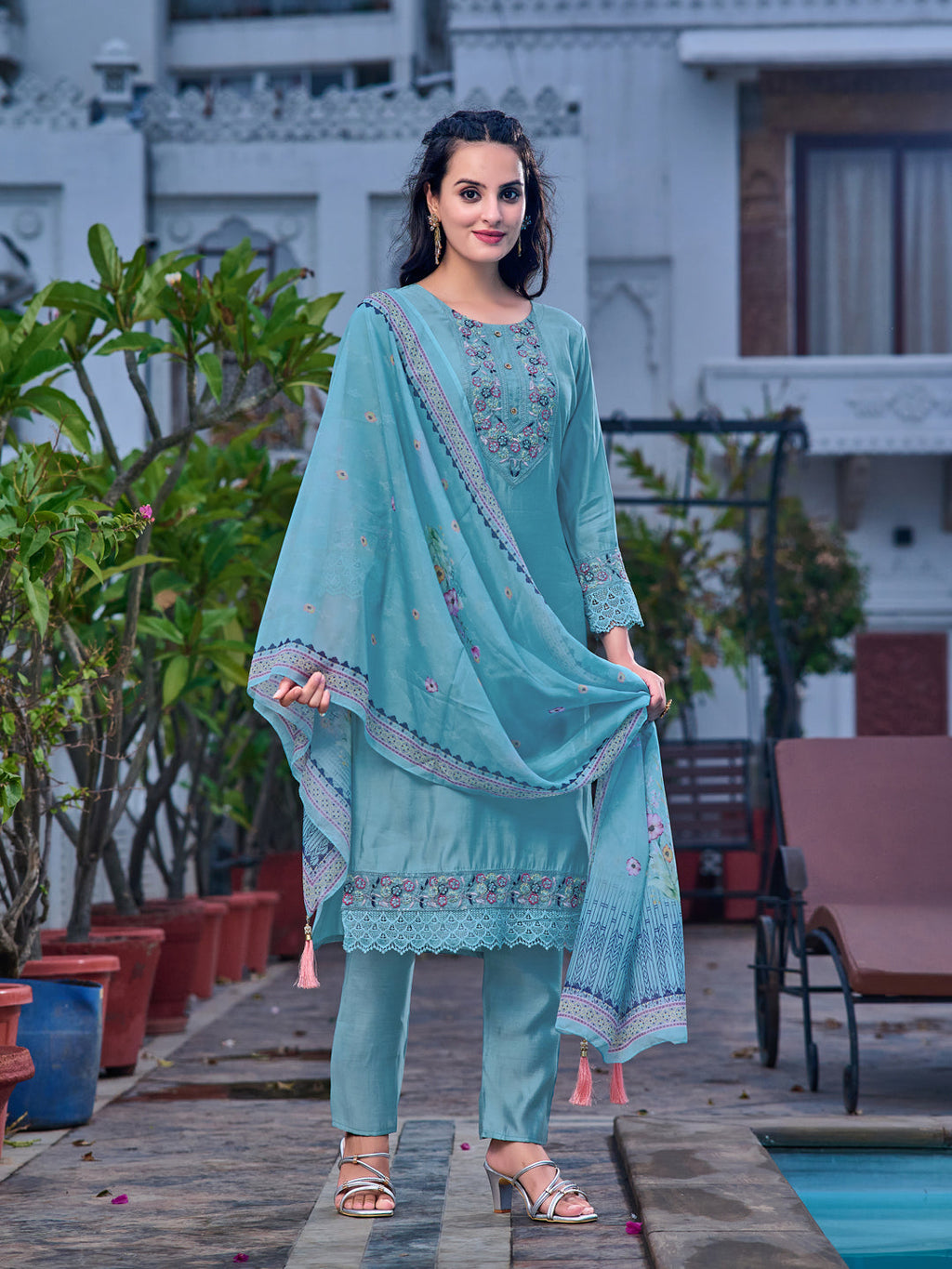 Embroidered Kurta With Pant & Printed Organza Dupatta, Blue - Hiral Fashion