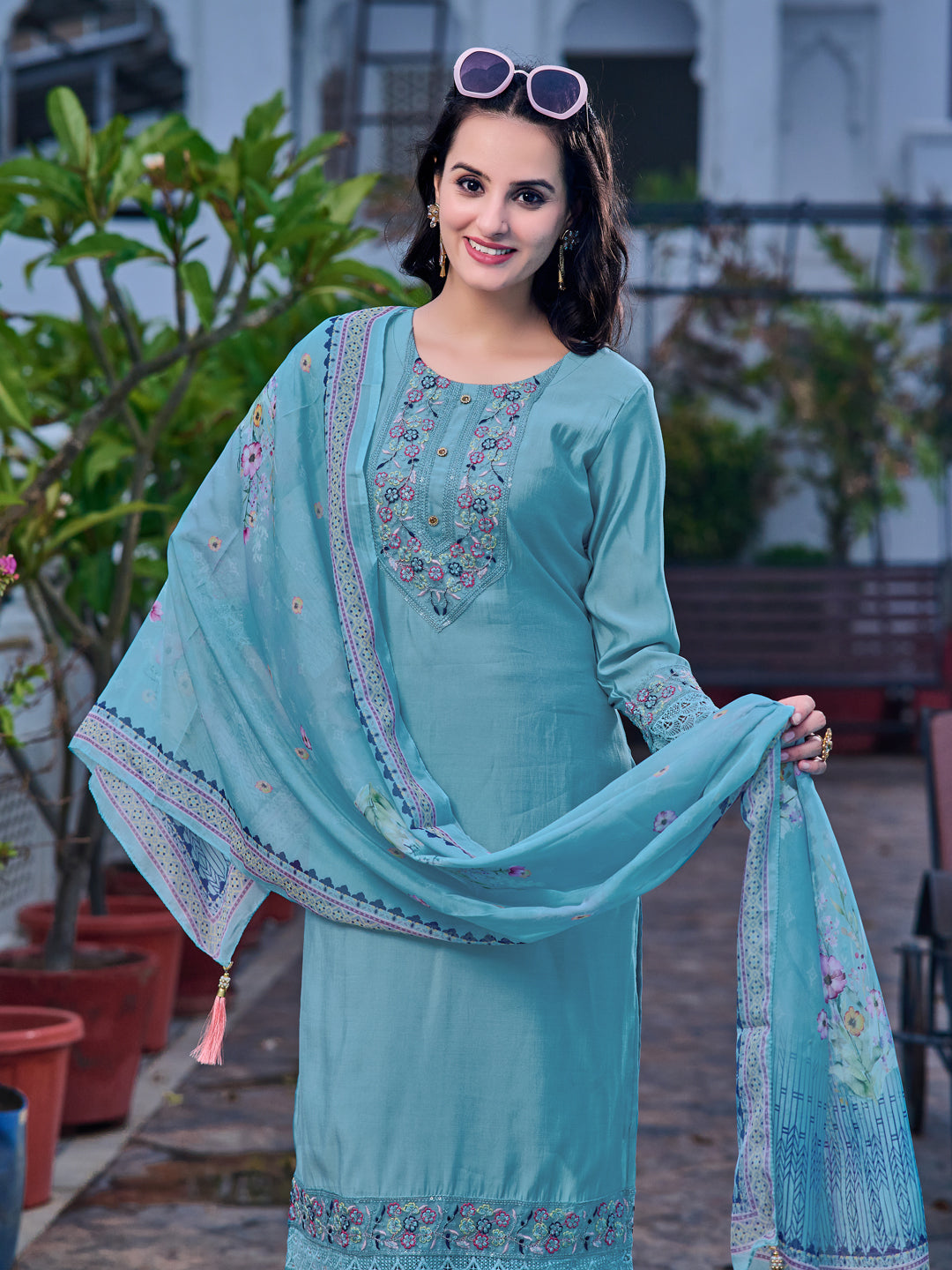 Embroidered Kurta With Pant & Printed Organza Dupatta, Blue - Hiral Fashion