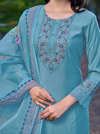 Embroidered Kurta With Pant & Printed Organza Dupatta, Blue - Hiral Fashion
