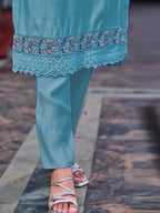 Embroidered Kurta With Pant & Printed Organza Dupatta, Blue - Hiral Fashion