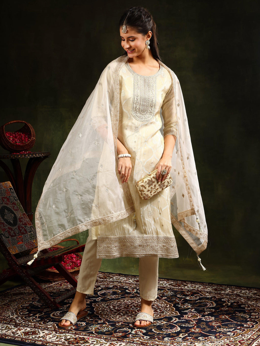 Embroidered & Banarasi Jacquard Kurta With Pant & Organza Embroidered Dupatta, Cream - Hiral Fashion
