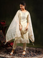 Embroidered & Banarasi Jacquard Kurta With Pant & Organza Embroidered Dupatta, Cream - Hiral Fashion