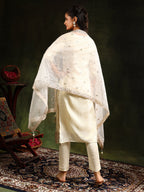 Embroidered & Banarasi Jacquard Kurta With Pant & Organza Embroidered Dupatta, Cream - Hiral Fashion