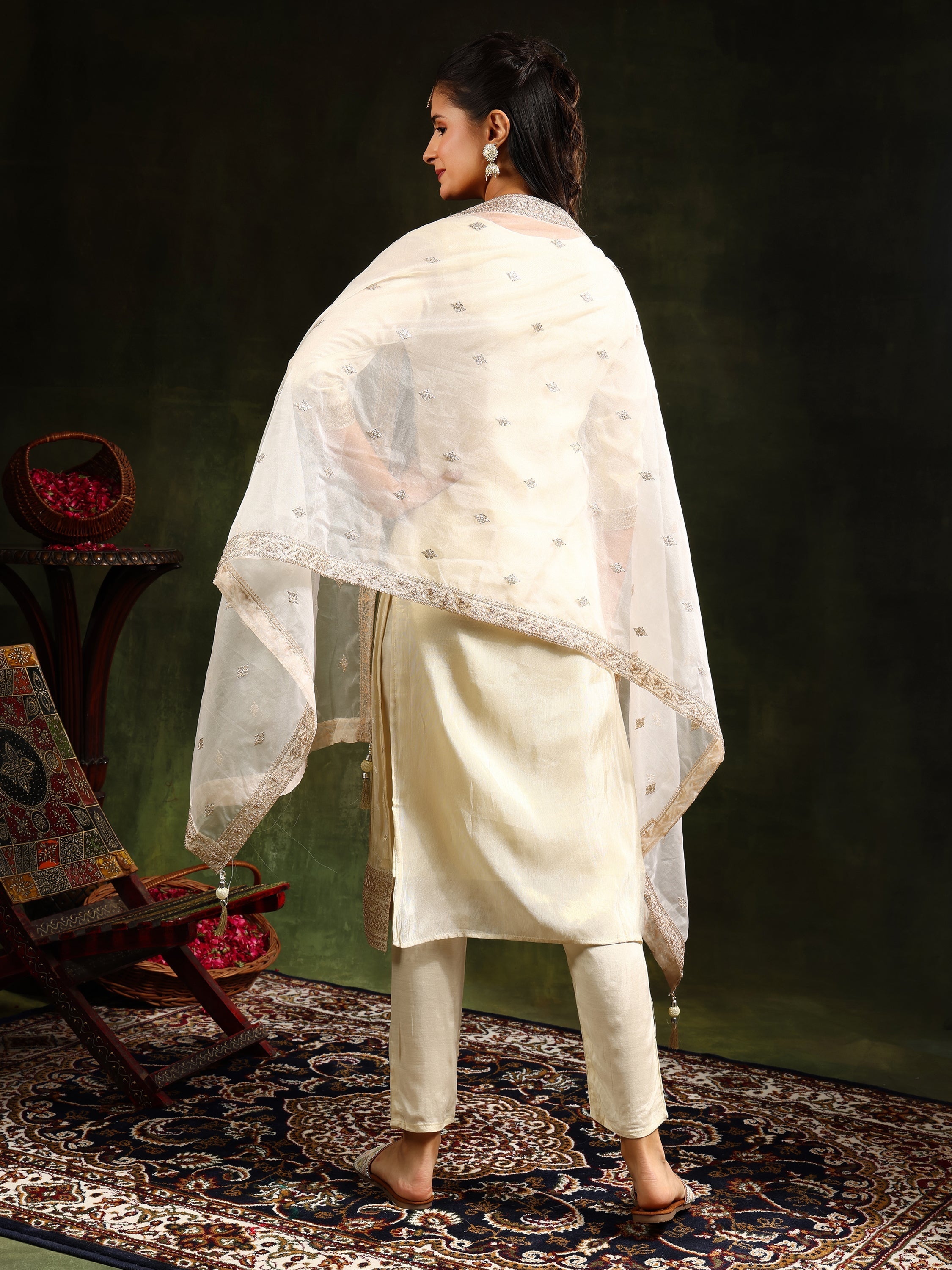 Embroidered & Banarasi Jacquard Kurta With Pant & Organza Embroidered Dupatta, Cream - Hiral Fashion