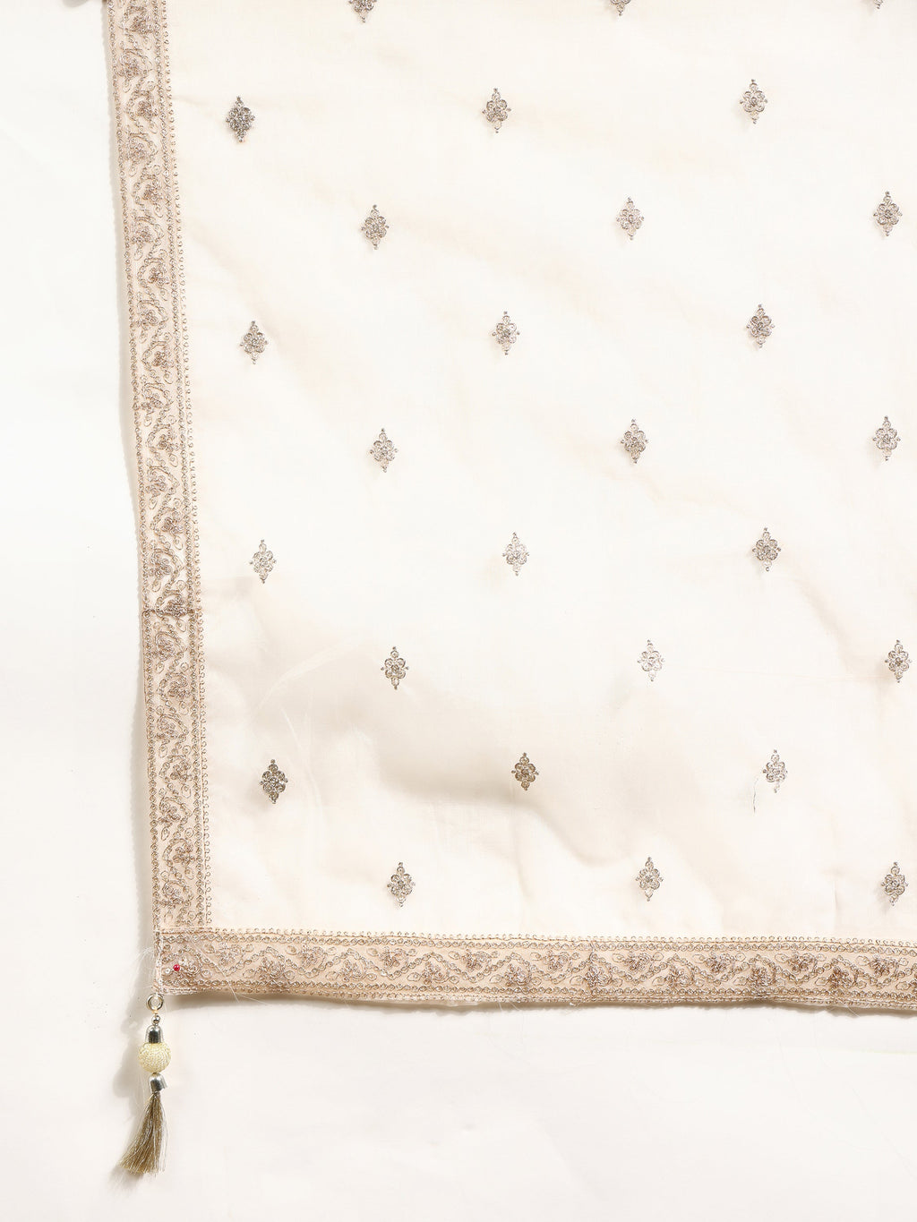 Embroidered & Banarasi Jacquard Kurta With Pant & Organza Embroidered Dupatta, Cream - Hiral Fashion