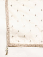 Embroidered & Banarasi Jacquard Kurta With Pant & Organza Embroidered Dupatta, Cream - Hiral Fashion