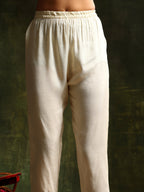 Embroidered & Banarasi Jacquard Kurta With Pant & Organza Embroidered Dupatta, Cream - Hiral Fashion
