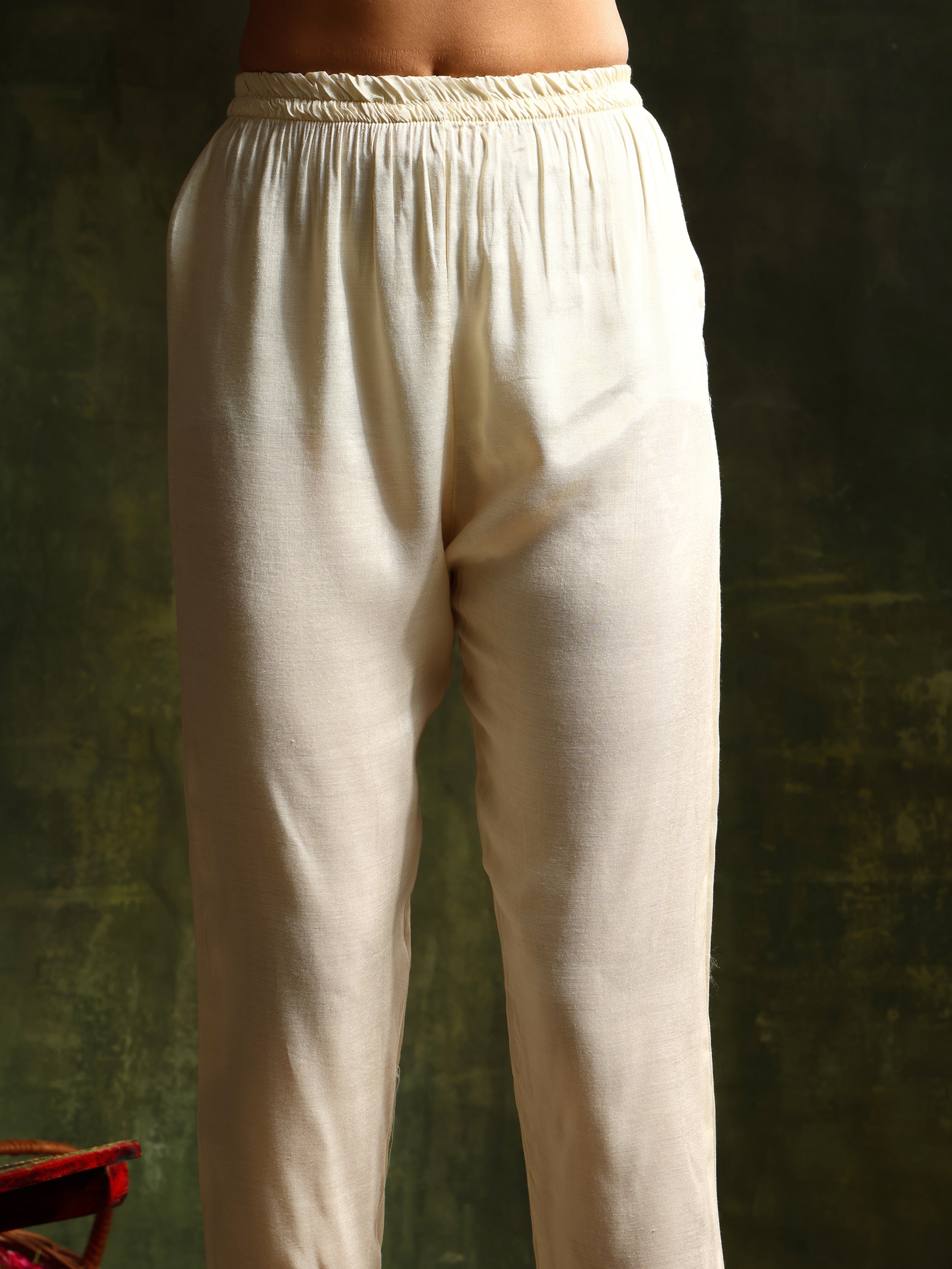 Embroidered & Banarasi Jacquard Kurta With Pant & Organza Embroidered Dupatta, Cream - Hiral Fashion